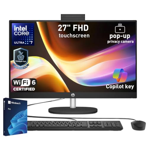 Image of HP Essential 27 inch FHD Touchscreen All-in-One, Intel Ultra 7 255U, Wi-Fi 6, Privacy Camera, Wired Keyboard and Mouse, Copilot AI, RJ-45, Win 11 Pro (Black, 64GB RAM | 2TB SSD)
