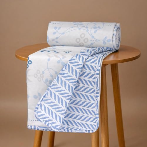 Image of HUESLAND 100% Cotton Reversible Dohar Toddler Size | Soft Cambric Weave, All Weather Light Comforter AC Quilt | Infants-New Born Blanket | 41 x 55 inches, Petal - White & Arctic Blue