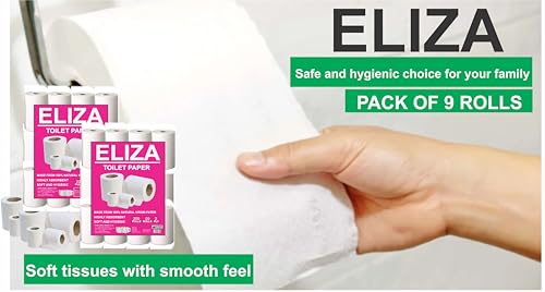 Image of Eliza Premium 3 Ply Toilet Disposable Roll Pack of 9, Toilet Paper, Toilet & Tissue Roll, Pack of Nine Toilet Tissue Paper Rolls 200 Pulls Each- 9.8 x 10 cm
