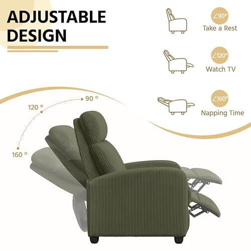 Yaheetech Corduroy Recliner Chair Single Sofa Home Theater Seating Adjustable Modern Reclining Chair for Living Room Bedroom Home Theater Dark Green