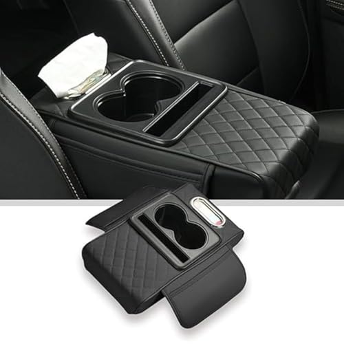Image of Car Center Console Armrest Pad with Quilted Black Finish, 5-in-1 Storage Including Cup Holders, Tissue Box, and Phone Slot