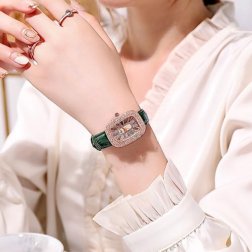 Goodern Women PU Leather Wrist Watch,Fashion Quartz Square Watches Luxury Rhinestone Watch Ladies Premium Diamond Wrist Watch Retro Square Mesh Bands Watches Stylish Jewelry Gift for Women Girls-Green