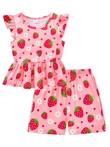 Image of Girls Summer Outfits Toddler Baby Girls Short Sets 2 Piece Clothing Set Flutter Sleeve Shirt and Short 2-7 Years