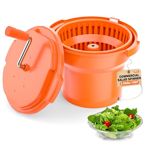 PYY Commercial Salad Spinner - 2.5 Gallon Salad Dryer Large Salad Spinner w/Aluminum Handle & Draining Hose, 10Qt Manual Salad Spinner for up to 3 Heads of Lettuce Spinner Large for Catering Kitchen