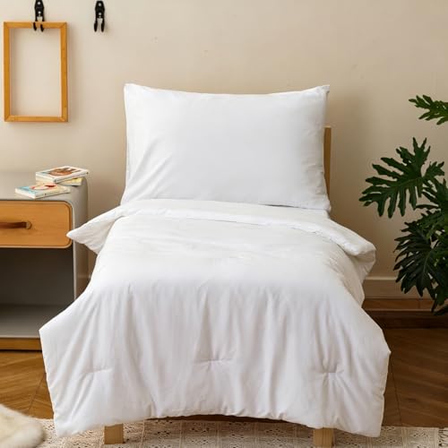Image of Wellboo Solid White Toddler Bedding Sets for Girls Boys Plain Color 4 Pieces Soft Crib Bed Set Including Comforter, Sheets and Pillowcase Kids Soft All White Solid Color Quilt Warm
