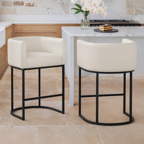 Image of LUE BONA Counter Height Bar Stools Set of 2, Modern Barrel Counter Stools with Backrest and Arms, Black Metal Frames, Faux Leather Upholstered Accent Barstools for Kitchen Island, Antique White