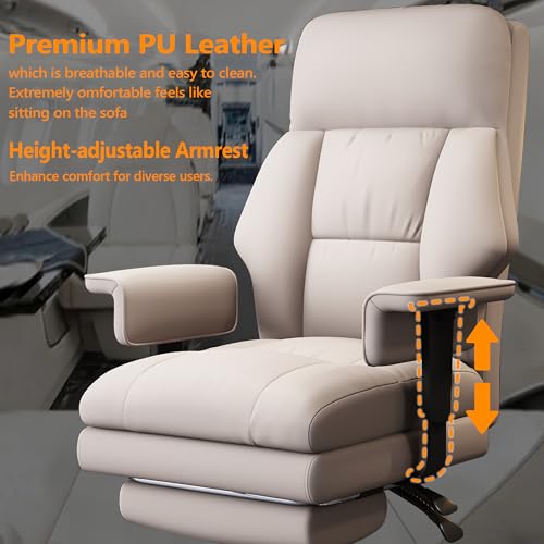 Image of Office Chair with Leg Rest, Leather High Back Executive Office Chair with Wheels, Ergonomic Desk Chairs with Lumbar Support for Home Office, Beige