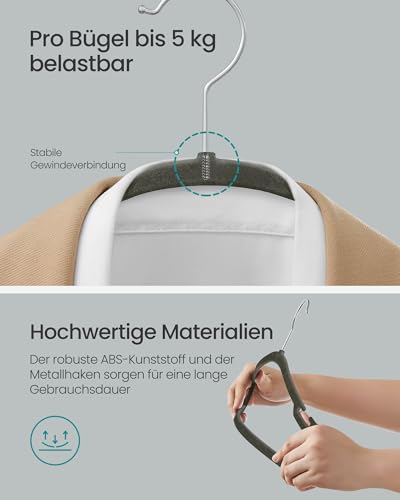 SONGMICS Kleiderbügel Samt, Bügel 50er Set, 43 x 21 cm, Samtbügel rutschfest, breite Schulterkerben, Stange für Hosen, 360° drehbarer Haken, platzsparend, für Garderobe, grau CRF039G02