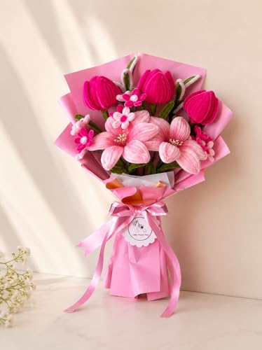 Image of Handmade Pink Pipe Cleaner Flower Bouquet-5 Flower,Forever Bouquet Gift for Birthday, Anniversary, Valentine's Day | Cute Aesthetic Floral Decor