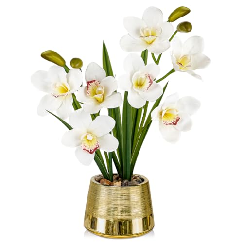 Oairse Orquídeas blancas artificiales de seda sintética Cymbidium orquídeas en maceta dorada, arreglos florales de orquídeas blancas falsas, centro de mesa, planta de orquídea sintética para