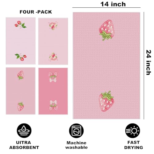 Image of 4 Pcs Strawberry Hand Towels, Pink Strawberries Reusable Dish Towels
