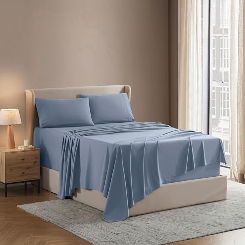 Image of Nestl King Bed Sheet Set - Stone Blue - 4-Piece Deep Pocket | Instantly Soft, Night-One Ready (No Wash Required). Fits 16-Inch Deep Pockets, 360-Degree Elastic Grip