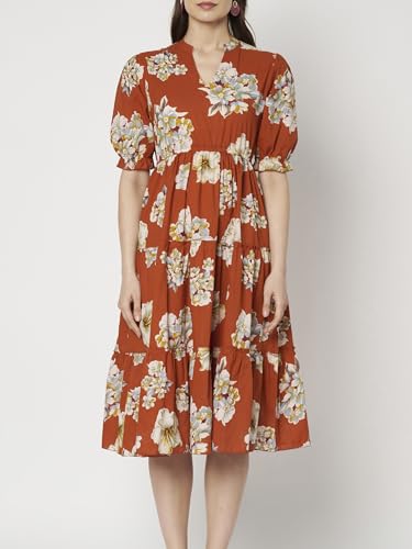 Image of PIDAVLIYA'S Women's Floral Summer Maxi Dress I Cotton Printed I One Piece Bodycon Midi Dress with V-Neck, Puffed Sleeves