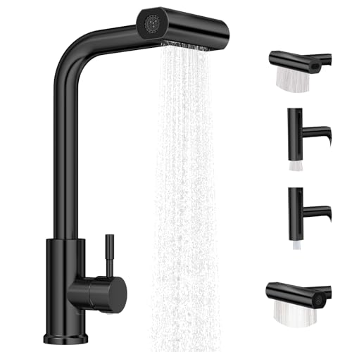Noxtioanip Robinet de Cuisine Cascade, Robinet Cuisine Rotatif à 360° avec Douchette Extensible, Mitigeur Cuisine en Acier Inoxydable 4 Modes de Pulvérisation, Levier Unique, Finition Noir Mat