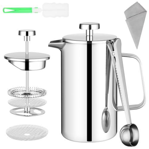 HOTUT Cafetera de Prensa Francesa de Acero Inoxidable con 2 Flitros y Cuchara, 350 ml Cafetera de émbolocon kit de limpieza, Francesa Acero Inoxidable, Diseño de Doble Capa, Triple Filtración