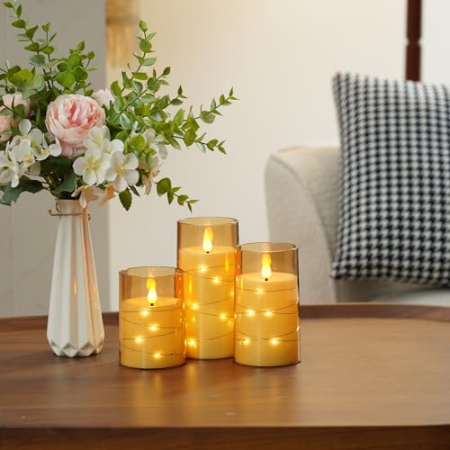 Image of LTETTES Flameless LED Candles | Set of 3 Flickering Pillar Candles with Embedded Fairy String Lights | Acrylic Amber Gold Finish | Battery Operated with Remote & Timer | D 3 inch x H 4 inch, 5 inch, 6 inch