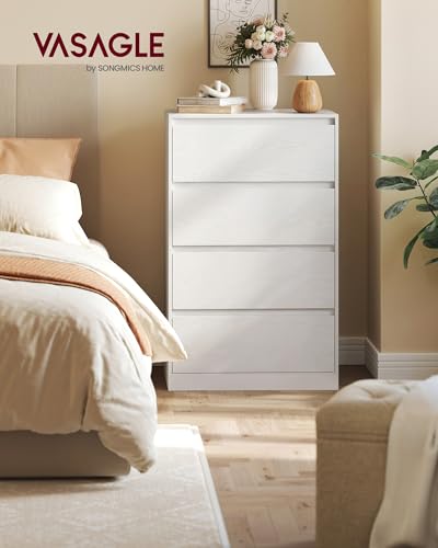 VASAGLE Kommode mit 4 Schubladen, Komodenschrank, Schubladenschrank, Wäschekommode, für Schlafzimmer, 40 x 60 x 97,4 cm, Modern Kailyn Kollektion, schneeweiß LTS614WE02