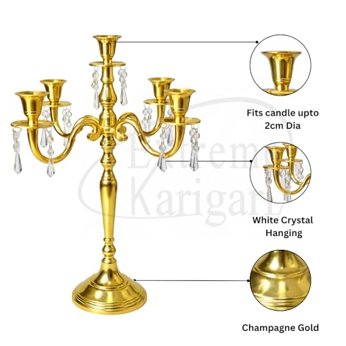 Image of Premium 16 Inch Golden Aluminum 5-Arm Candle Stand with Crystal Hangings | Luxury Centerpiece for Home Decor, Weddings, Festive Decoration & Dining Table