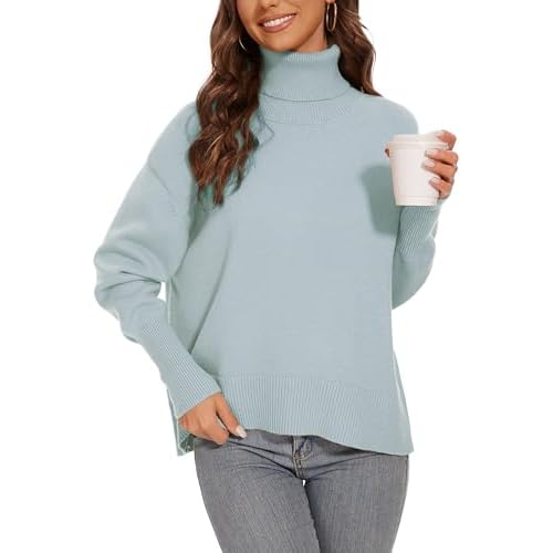Women's Turtleneck Sweater Long Sleeve Casual Ribbed Pullover 2025 Fall Winter Loose Knit Jumper Top Light Blue Medium