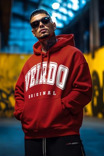 Image of Veirdo Fleece Oversized Baggy Fit Hooded Sweatshirt Drop Shoulder Typographic Logo Printed Full Sleeve Hoodie for Men (Avaiable in Colors: Copper Tan, Rust & Red)