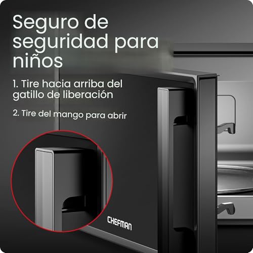 Chefman Horno microondas para encimera de 0.7 pies cúbicos, 700 vatios con 10 niveles de potencia, 6 ajustes de cocción preestablecidos con cocción exprés de un solo toque, modo Eco, traba de