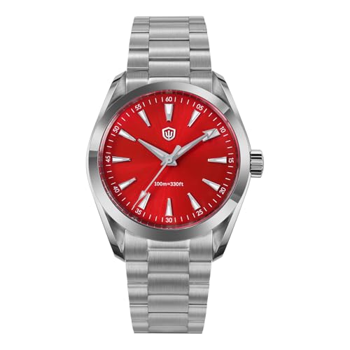 Image of watchdives VH31 Quartz Watch, WD0006 Stainless Steel Men Watches 38mm Domed Sapphire Crystal Luxury Wrist Watch Sweep Sport Watch 100M Waterproof (Red)