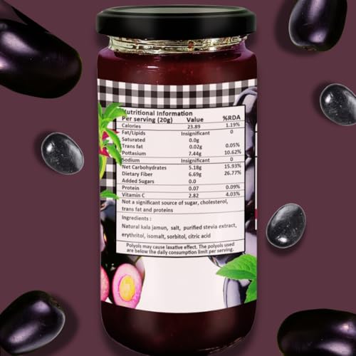 Image of Vistevia Sugar Free Kala Jamun Jam, Diabetic and Keto Friendly - Sweetened Naturally with Stevia, More Than 60% Jamun Content - Tastes Delicious - Pack of 1 (420GM)