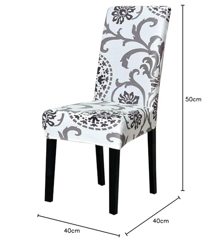 Image of House of Quirk Elastic Chair Cover Stretch Removable Washable Short Dining Chair Cover Protector Seat Slipcover (Pack of 1, White /Grey Demask)
