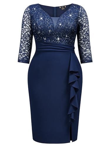 Image of MISSMAY Plus Size Lace Ruffle Cocktail Party Dress | Sequined Dress,V Neck,Ruffle Split Hem,Party Dress,Sparkle,Curvy Women,Bodycon Dress