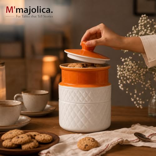 Image of Ceramic Storage Jar with Lid | Orange & White Textured Kitchen Container for Tea, Coffee, Sugar, Snacks & Dry Storage | Decorative Countertop Jar