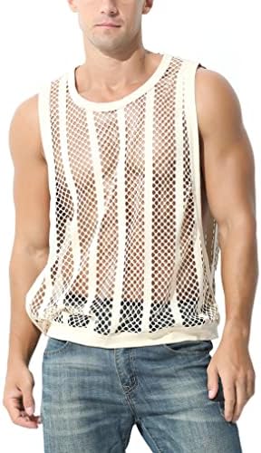 Mens Hollow Out Shirts Fishnet Mesh Gym Top Sleeveless Pullover Vest Semi Sheer Workout Tank Top Quick Dry Moisture Wicking Summer Sports Active Tshirt