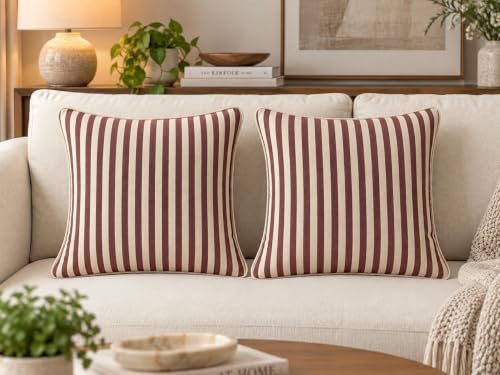 Image of 100% Cotton - Wine /Maroon Stripes Cushion Covers Set of 5 (16 x 16 inches) - Cushion Covers for Sofa & Living Room Decor