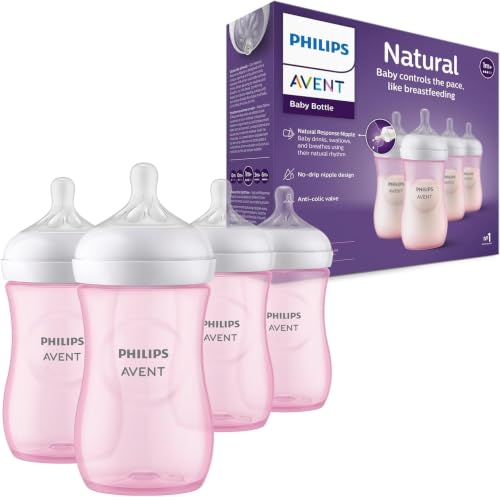 Image of Philips Avent Natural Baby Bottles with Natural Response Nipples (Medium Flow, Flow 3), 9oz, Pink, SCY903 /14, 4 Count (Pack of 6)