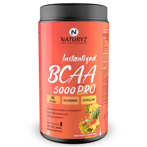 Image of NATURYZ Instantized BCAA 5000 PRO |5G Vegan BCAAs | Glutamine | Citrulline | Electrolytes | 0 Added Sugar | Powerful Intra Workout Amino for Lean Muscle Growth, Strength, Quick Re-Hydration & Instant Energy - 300g(Mix Fruit Cocktail)