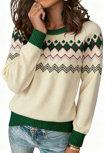 Image of ANCAPELION Women's Christmas Sweater Pullover Vintage Color Block Chunky Knit Sweater Tops