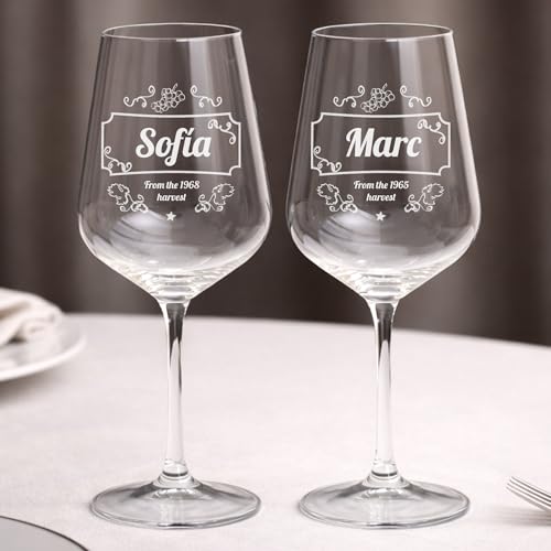 Wanapix | Calice di Vino Personalizzato | Bicchiere da Vino | Cristallo di Boemia | Inciso al Laser | 45 cl | Set da 2 | Regalo originale | Anniversario