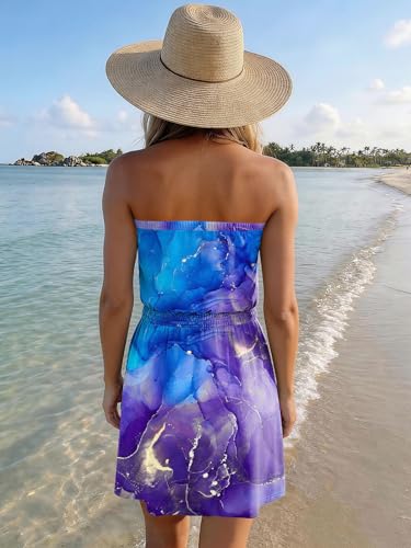 Image of SAUKOLE Summer Dresses for Women Bandeau Strapless Smocked Elastic Waist Sundress Tube Mini Dress with Pockets