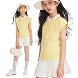 [Barry Banny] ポロシャツ 半袖 ガールズ服 キッズ イェローポロシャツ Ｖネック アシンメトリーな襟 おしゃれ 速乾 夏服 通気性 可愛い ゴルフウェア カジュアル 小学校中学校 子供服 女の子 春夏用 イェロー 165cm