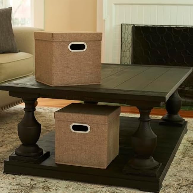 Household Essentials 802-1 Caf¨¦ Cube Bin Storage Set with Lids and Handles | 2 Pack, Brown Linen