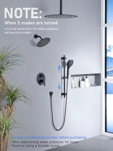 Image of Woindo Shower Faucet Set with Slide Bar, 12 inch Rain Shower Head /8'' Side Shower Head and 10 Setting Handheld Ceiling Mount 3 Push Button Diverter Complete Rainfall Shower System Included Valve Trim Kit