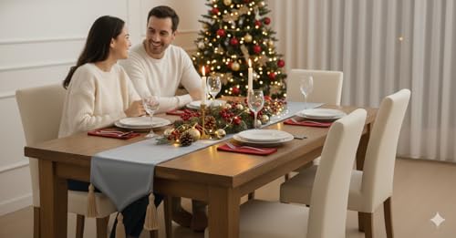 Image of E-EZRA Christmas Decor Silk Velvet Center Table Runner Coffee Table Long Ethnic Table Home Long Runner Traditional Dining Table Cloth Runner Up | 14 x 90 inches Grey