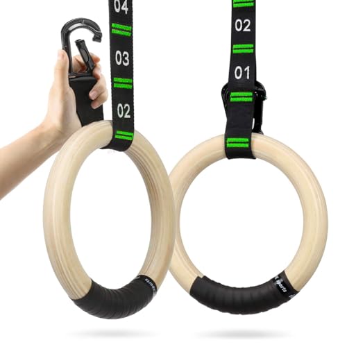 Image of Birch Wood Gymnastic Rings with Adjustable Number Straps, Crossfit Rings for Gym, Workout, Exercise, Outdoor Training, Quick Install Carabiner, 8.5 ft Straps Pull Up Non-Slip Rings