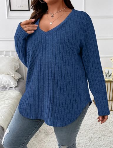 Image of Koscacy Women Plus Size Casual Knit Sweater V Neck Solid Color Tops Lightweight Long Sleeve Blouses