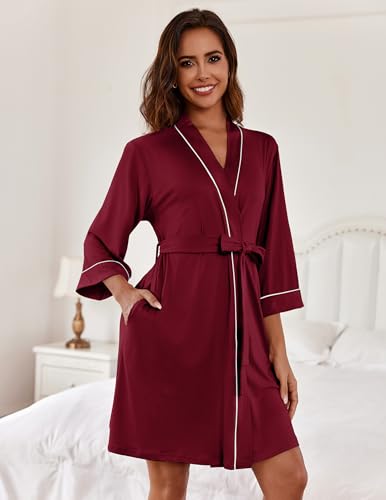 Image of Ekouaer Women Kimono Robes Knee Length Knit Bathrobe Lightweight Soft Sleepwear V-neck Casual Ladies Loungewear