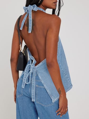 Image of Tankaneo Womens Halter Denim Vest Tops Summer Sleeveless Open Back Y2K Going Out Jean Tank Tops V Neck Button Up Waistcoat