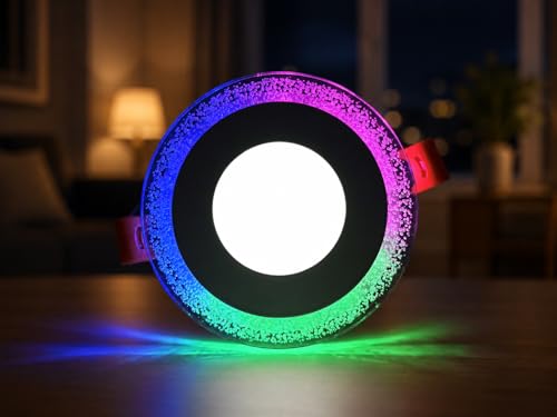 Image of OLIPS 6 Watt LED Ceiling Panel POP Down Light (3+3) | Dual Color by Switch On /Off | Fan Box Decorative Light | White Center with RGB Color Ring (Pack of 1)