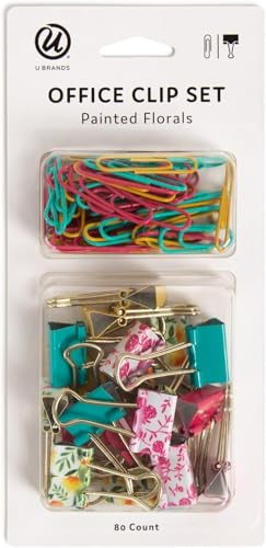 U Brands Office Accessory Kit, Office Supplies, Includes 60 Paper Clips and 20 Small Binder Clips, Painted Florals