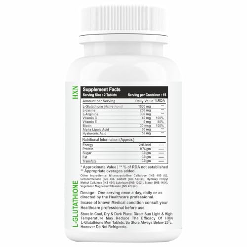 Image of HXN Glutathione Tablets for Skin Whitening 98% L-Glutathione 1000mg /2 Tablets with Vitamin C, E, Hyaluronic Acid, Biotin, Glutathione Supplements for Men Support Skin Health 60 tablets