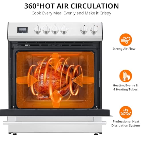 30" Electric Oven, Freestanding Range, 4 Sealed Burners, 5cu. Ft. Capacity, Slide-In Convection Oven, Easy Reach Racks, Touch Panel, Stainless Steel