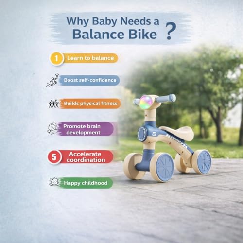 Image of Mini Bloom First Balancing Bike for Kids | No Pedal Manual Push Balancing Cycle | Musical Balance Bike with LED Light | Suitable for 1-3 Years | Max Capacity 20kg (Blue KB-157)